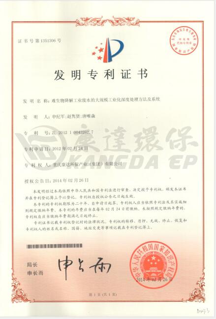 難生物降解工業(yè)廢水的大規(guī)模工業(yè)化深度處理方法及系統(tǒng)【ZL.2012 1 0043262.7】